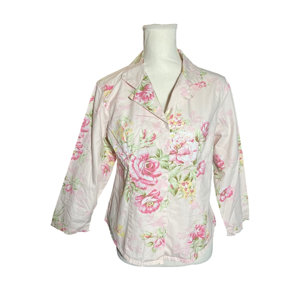 Pine Cone Hill Fine Linens Floral Cotton Button Down Shirt Small 3/4 Sleeve Top‎